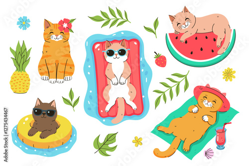 Set of cute summer cats isolate on white background. Vector graphics