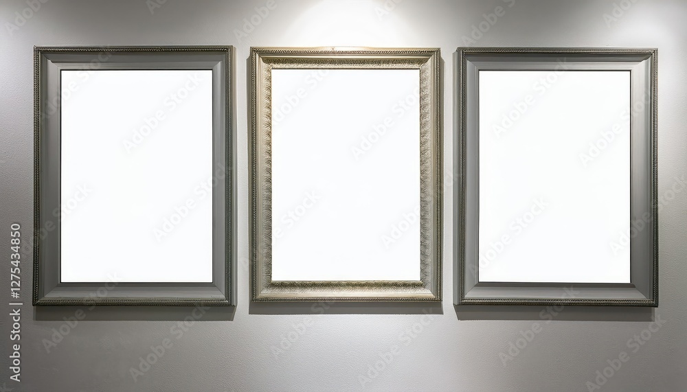 Elegant Museum Art Frames Displayed Against a Pristine White Backdrop, Illuminated by Warm Soft Lighting, Ready for Masterpieces to Come Alive. Elegant Museum Art Frames Displayed Against a Pristine White Backdrop, Illuminated by Warm Soft Lighting, Ready for Masterpieces to Come Alive.