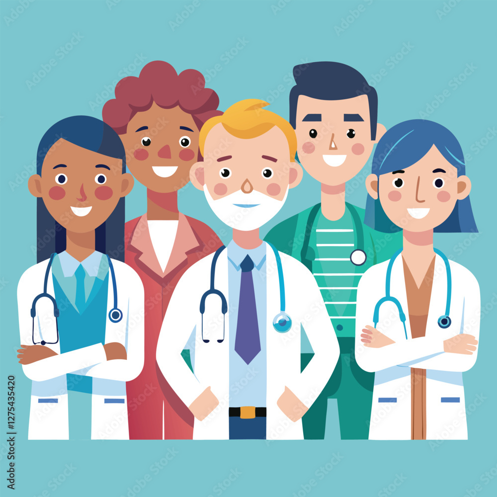 Multiethnic doctor team group with leader isolated vector illustration. Set of smiling doctors, nurses, paramedics. Different male and female medic workers in uniform with stethoscopes. Multiethnic doctor team group with leader isolated vector illustration. Set of smiling doctors, nurses, paramedics. Different male and female medic workers in uniform with stethoscopes.
