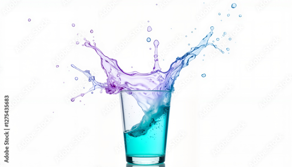 Vibrant water splash in turquoise and purple against white background, visual energy Vibrant water splash in turquoise and purple against white background, visual energy