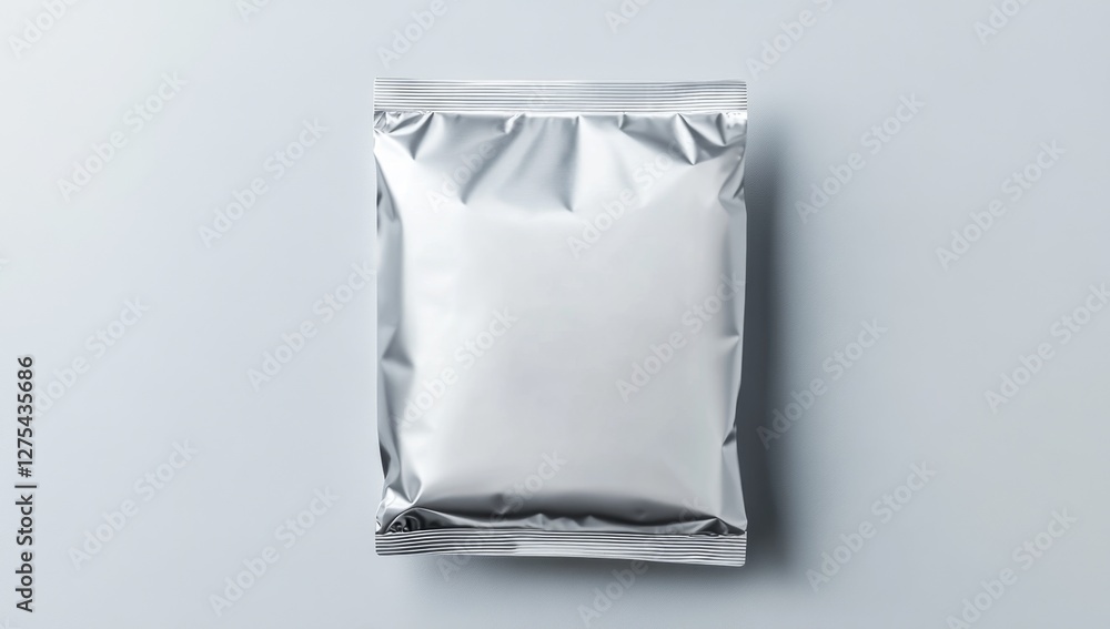 Silver foil pouch mockup, studio background, packaging design Silver foil pouch mockup, studio background, packaging design