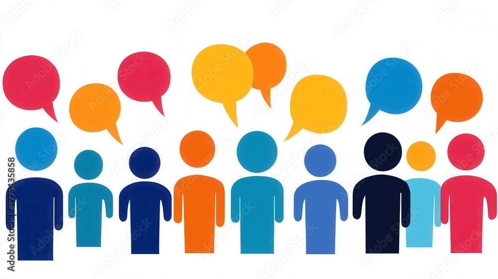 Diverse Group Communicating Colorful Abstract People Icons with Speech Bubbles Diverse Group Communicating Colorful Abstract People Icons with Speech Bubbles