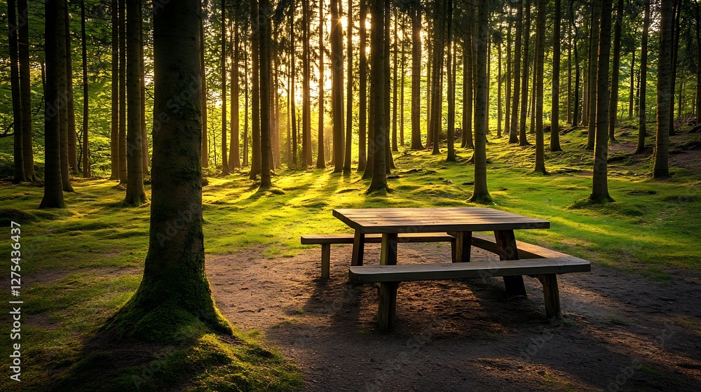 Sunlit Picnic Table In A Mossy Forest Sunlit Picnic Table In A Mossy Forest
