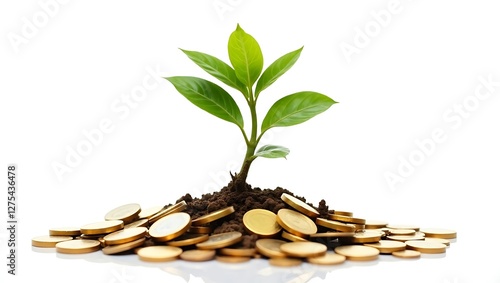 Pile of coins with a growing plant on top symbolizing financial growth isolated on transparent background