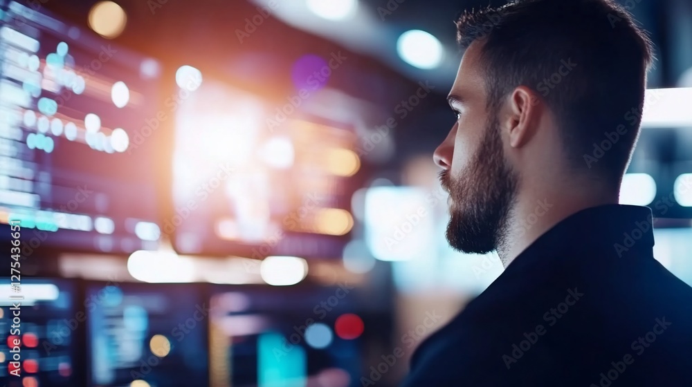 Man analyzing data on screens, night office Man analyzing data on screens, night office