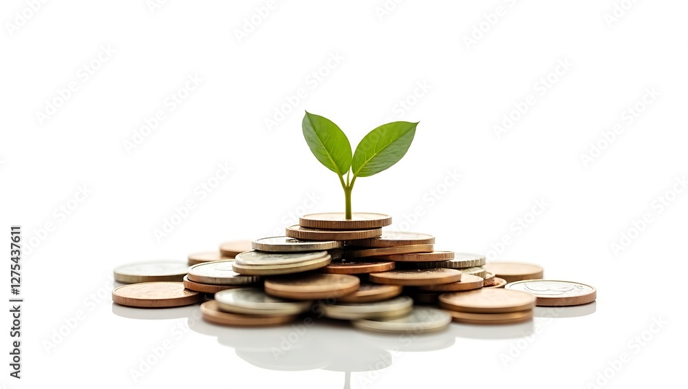Pile of coins with a growing plant on top symbolizing financial growth isolated on transparent background Pile of coins with a growing plant on top symbolizing financial growth isolated on transparent background
