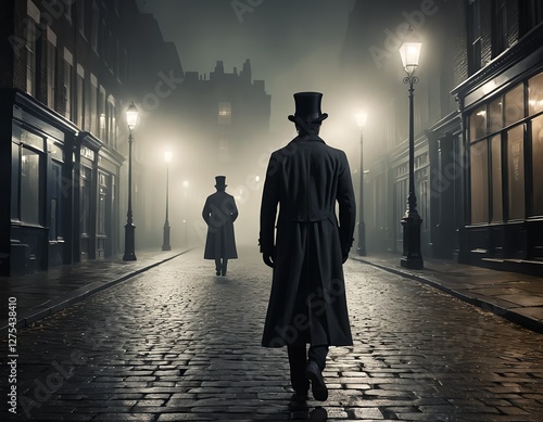 Victorian Gentlemen Walking Foggy Cobblestone Street at Night