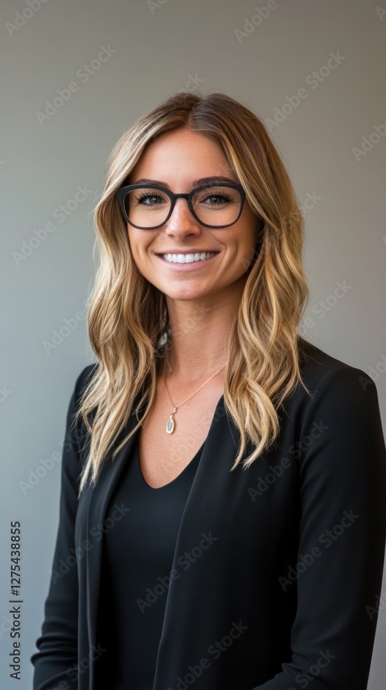 Professional woman smiling in modern office setting Professional woman smiling in modern office setting