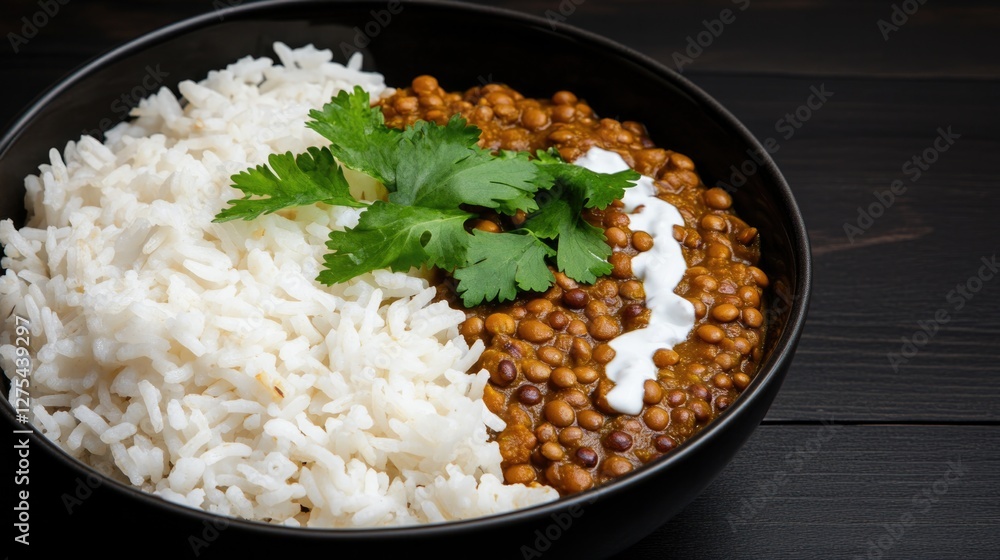 Creamy lentils paired with fluffy rice, garnished with fresh cil Creamy lentils paired with fluffy rice, garnished with fresh cil