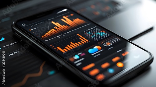 Smartphone displaying finance management app on screen with dashboard interface and graphs