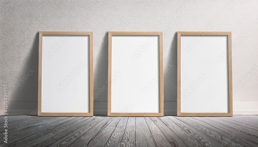Three Vertical Posters Frame Mock Up Standing on White Floor and White Wall Elegant Minimalist Artwork for Modern Interiors, Showcasing a Sleek and Sophisticated Aesthetic Three Vertical Posters Frame Mock Up Standing on White Floor and White Wall Elegant Minimalist Artwork for Modern Interiors, Showcasing a Sleek and Sophisticated Aesthetic