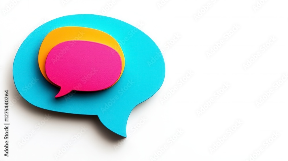 Overlapping Speech Bubbles in Blue Pink and Yellow on White Background Overlapping Speech Bubbles in Blue Pink and Yellow on White Background