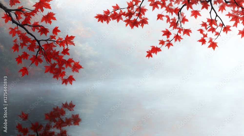 Misty autumn lake, red maple leaves, serene landscape, peaceful background, ideal for zen-themed designs Misty autumn lake, red maple leaves, serene landscape, peaceful background, ideal for zen-themed designs