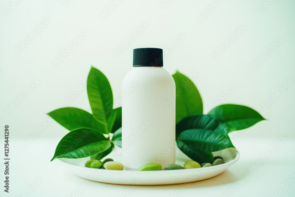 Minimalist design featuring white bottle surrounded by fresh gre Minimalist design featuring white bottle surrounded by fresh gre