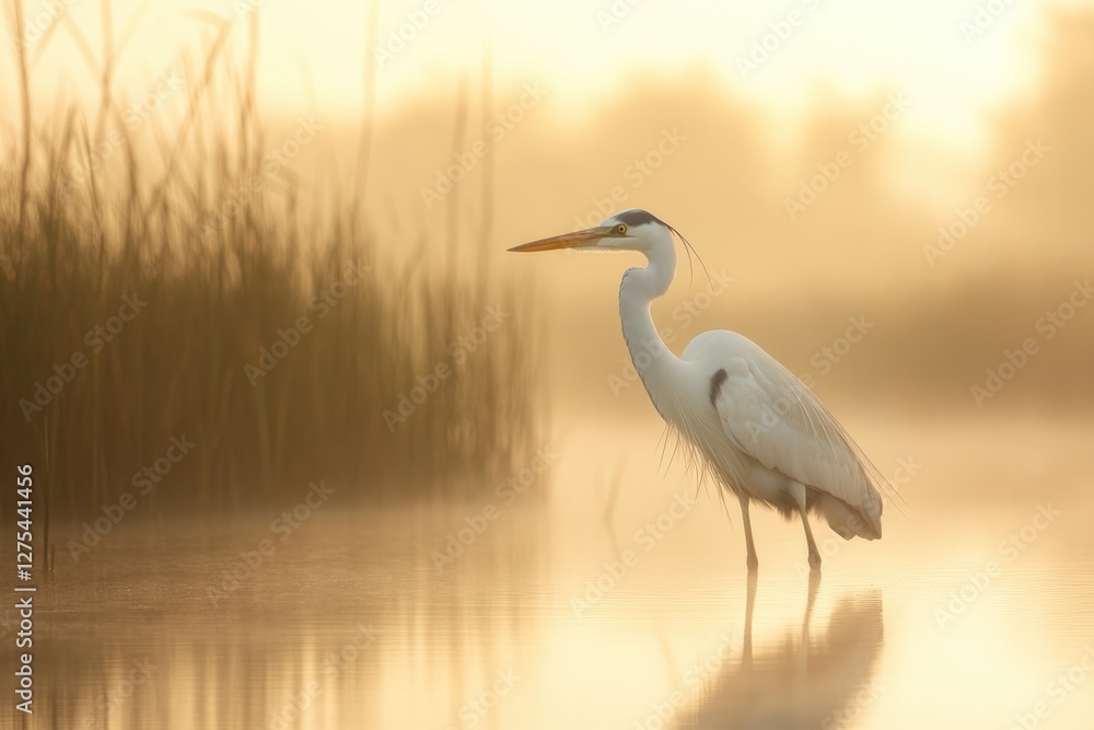 Elegant heron stands gracefully in misty wetland, bathed in soft