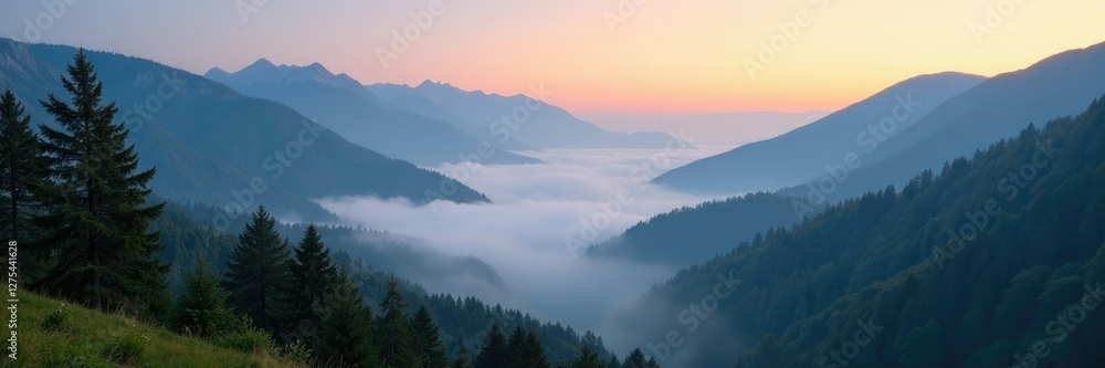 Naklejka premium Dense fog envelops a misty Carpathian valley at dawn, landscape, mist, natural wonder