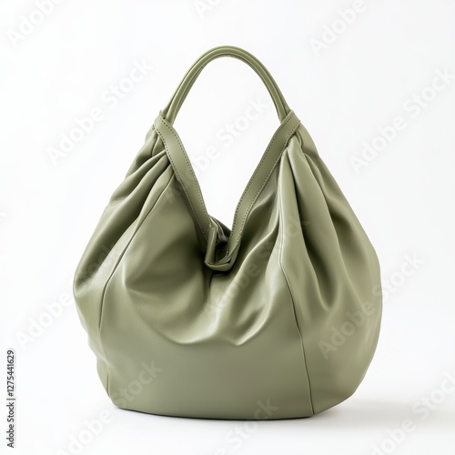 Trendy slouchy shoulder bag in buttery soft leather in muted sage green isolated on white photo