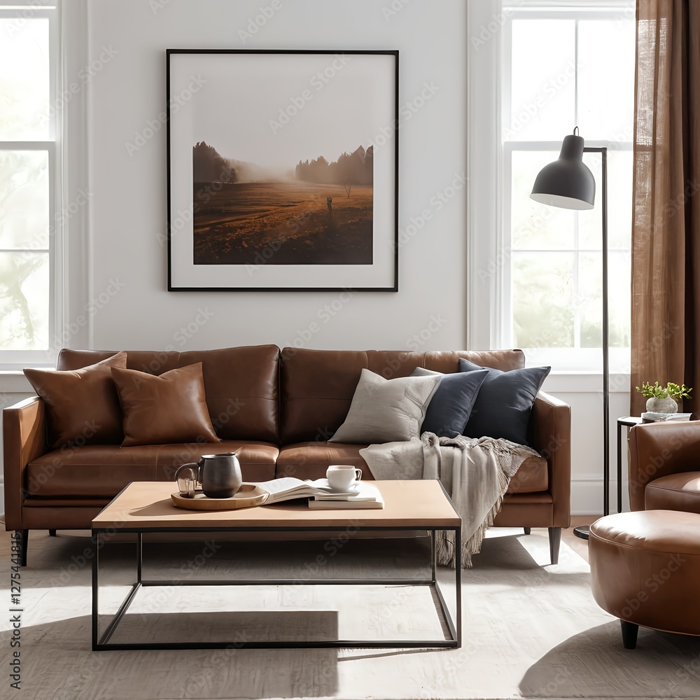 Fototapeta premium Modern Living Room Interior with Brown Leather Sofa and Coffee Table