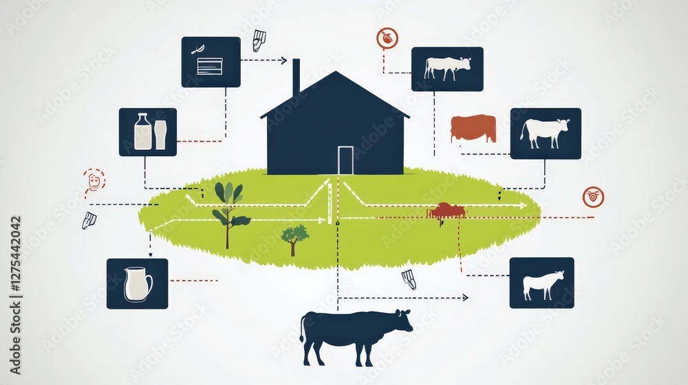 Obraz premium Infographic illustrating the dairy farming process, showcasing cows, milk production, and farm layout