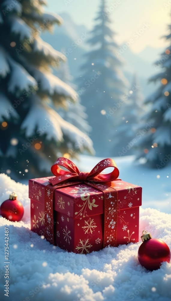 Elegant gift box on snowy landscape with intricate ornaments, winter, vouchers, snow-covered trees Elegant gift box on snowy landscape with intricate ornaments, winter, vouchers, snow-covered trees