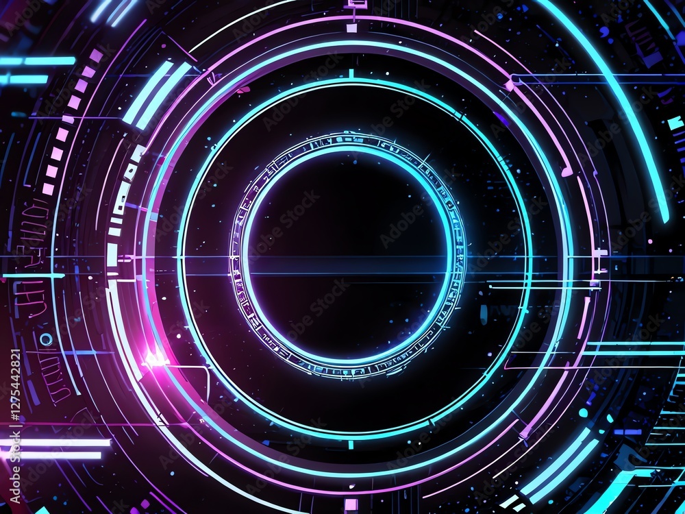 Abstract Futuristic Technology Background: Neon Circles and Digital Interface