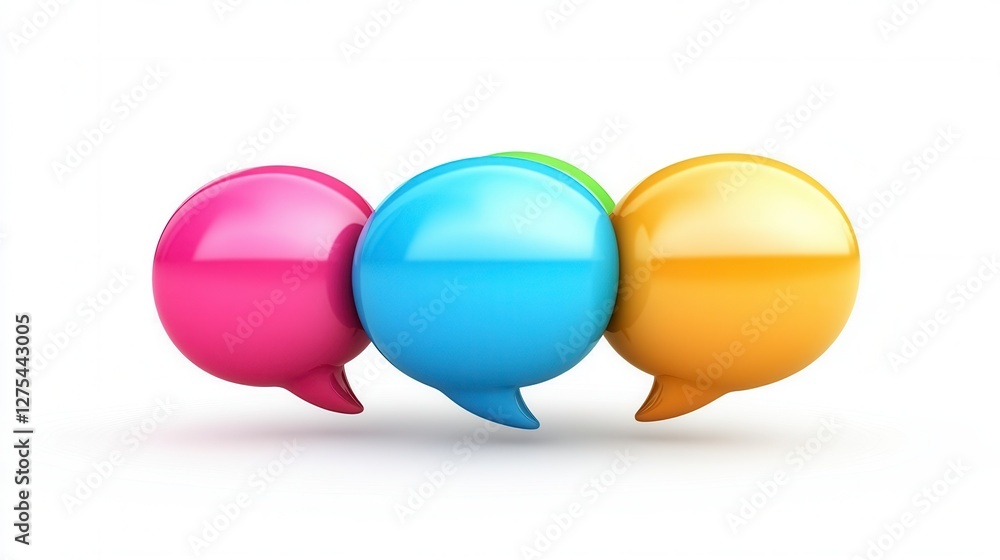 Three Glossy Speech Bubbles in Pink, Light Blue, and Orange on White Background Three Glossy Speech Bubbles in Pink, Light Blue, and Orange on White Background