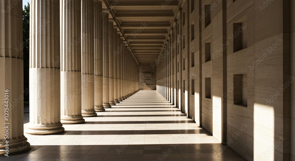 A grand colonnade with classical columns casts long shadows on the marble floor, creating a striking perspective of symmetry, depth, and light in a historic architectural setting. A grand colonnade with classical columns casts long shadows on the marble floor, creating a striking perspective of symmetry, depth, and light in a historic architectural setting.