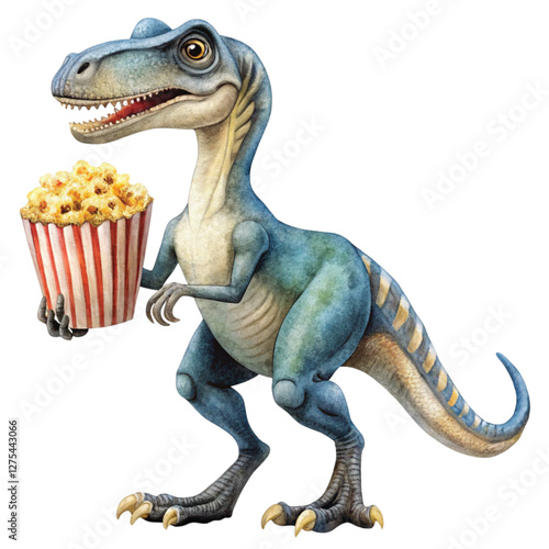 Cute dinosaur species standing holding popcorn 
