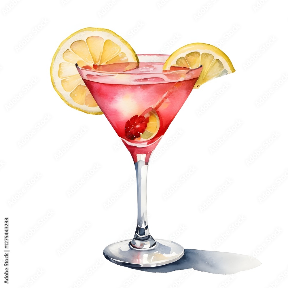 Watercolor Raspberry Martini Cocktail with Lemon Watercolor Raspberry Martini Cocktail with Lemon