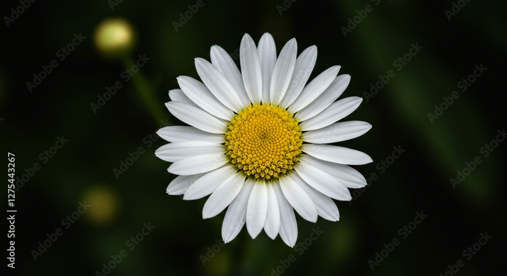 Obraz premium A close-up of a delicate white daisy with a vibrant yellow center, set against a dark green blurred background, highlighting the intricate details of its petals and floral symmetry.