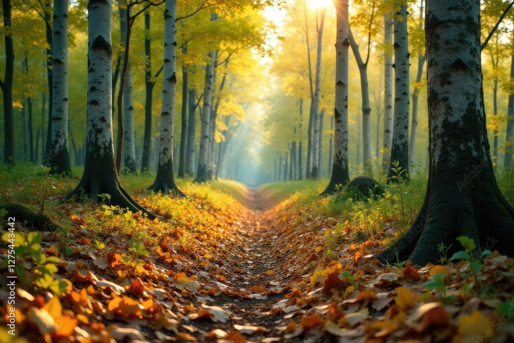 Forest floor covered with leaves and branches under a grove of Aspen, forest atmosphere, leaves, earthy scent Forest floor covered with leaves and branches under a grove of Aspen, forest atmosphere, leaves, earthy scent