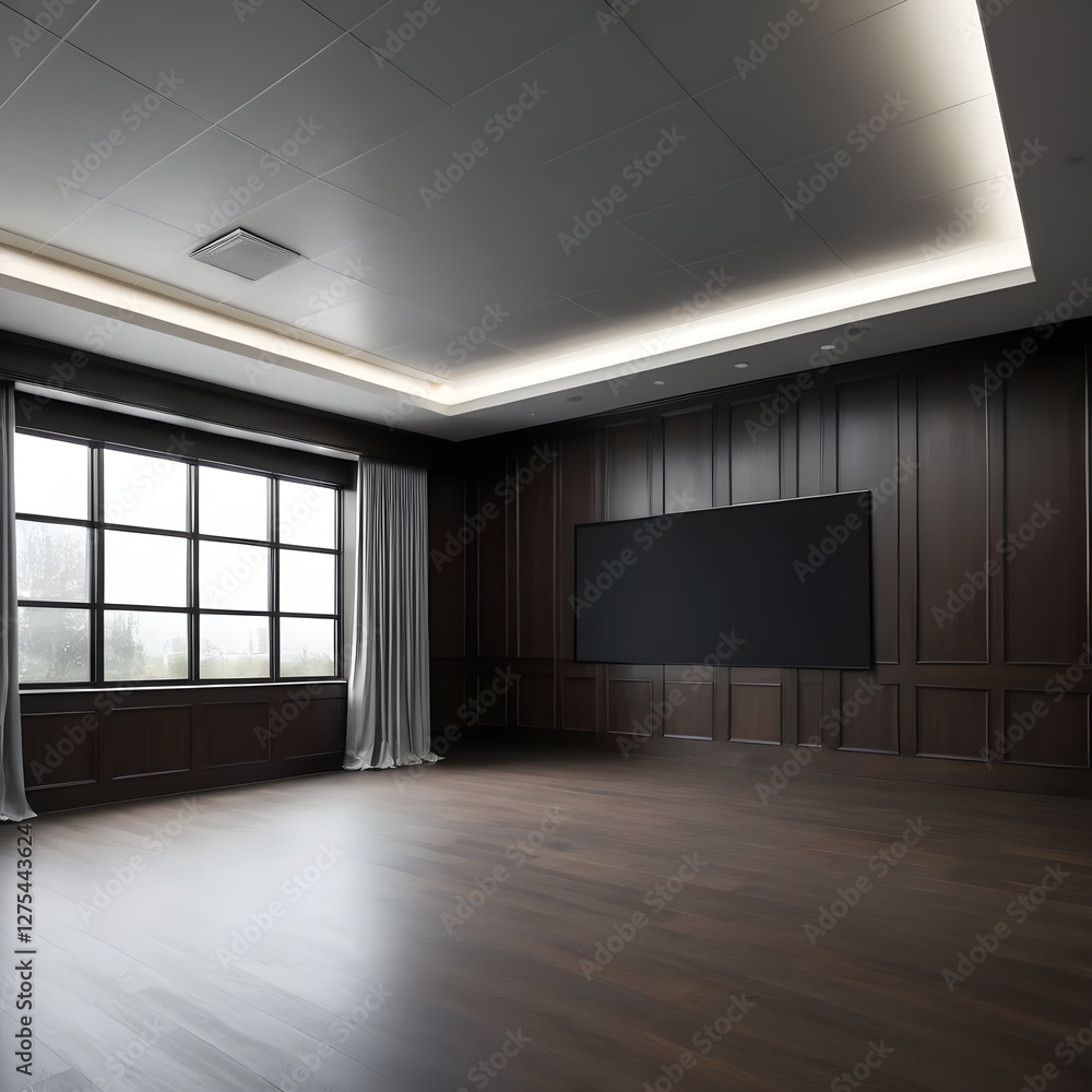 Fototapeta premium Modern Empty Room with Dark Wood Paneling and Large Window