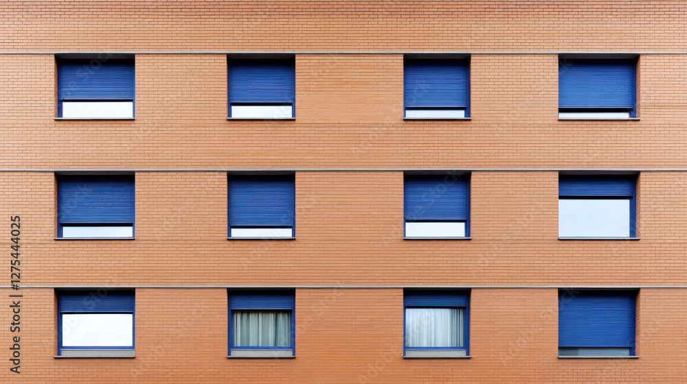 Fototapeta premium Orange Brick Building Facade with Blue Shutters