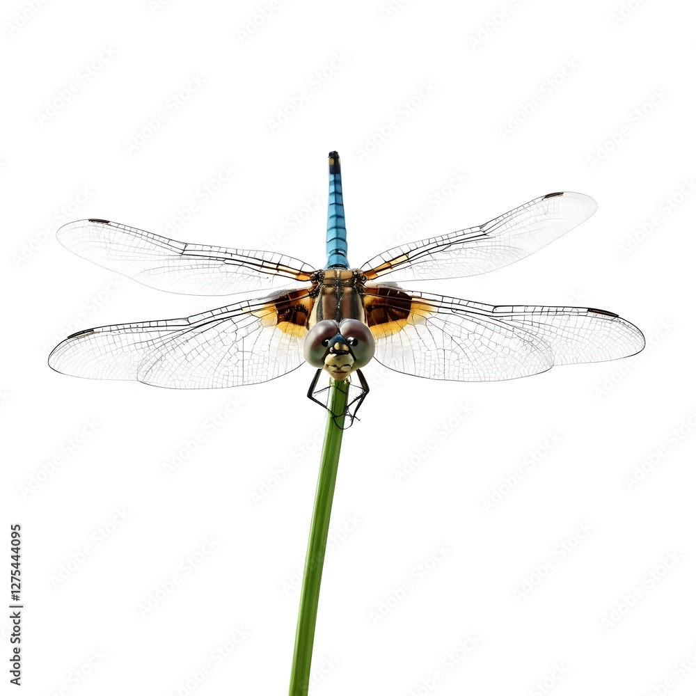 Dragonfly on Green Stem, Isolated on White Dragonfly on Green Stem, Isolated on White