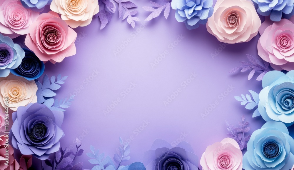 Pastel paper flowers frame, purple background, blank space, greeting card design Pastel paper flowers frame, purple background, blank space, greeting card design