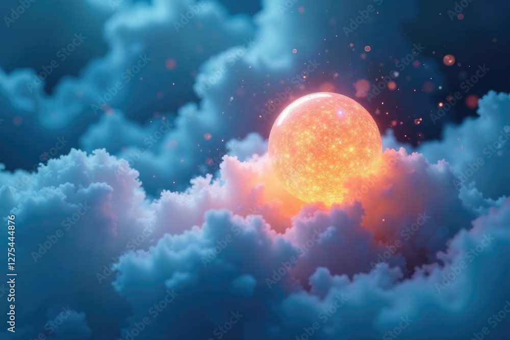 Obraz premium Glowing particle suspended in mid-air amidst soft blue mist, cloud, air bubbles, ethereal glow