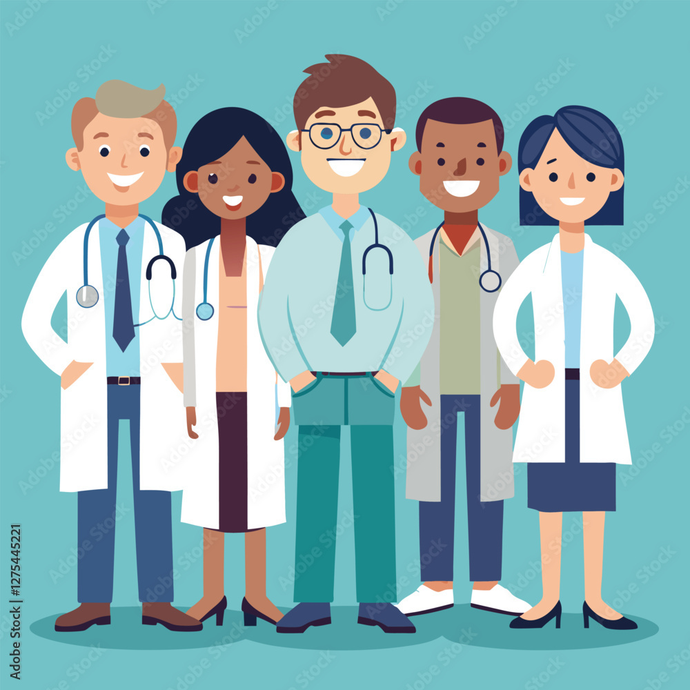 Multiethnic doctor team group with leader isolated vector illustration. Set of smiling doctors, nurses, paramedics. Different male and female medic workers in uniform with stethoscopes. Multiethnic doctor team group with leader isolated vector illustration. Set of smiling doctors, nurses, paramedics. Different male and female medic workers in uniform with stethoscopes.