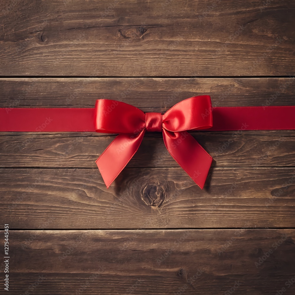 Red Ribbon Bow on Rustic Wooden Background Red Ribbon Bow on Rustic Wooden Background