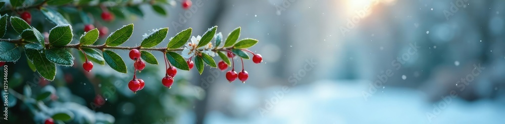 Fototapeta premium mistletoe sprig with attached tiny berries and white flowers on a frosty windowpane, mistletoe, flower