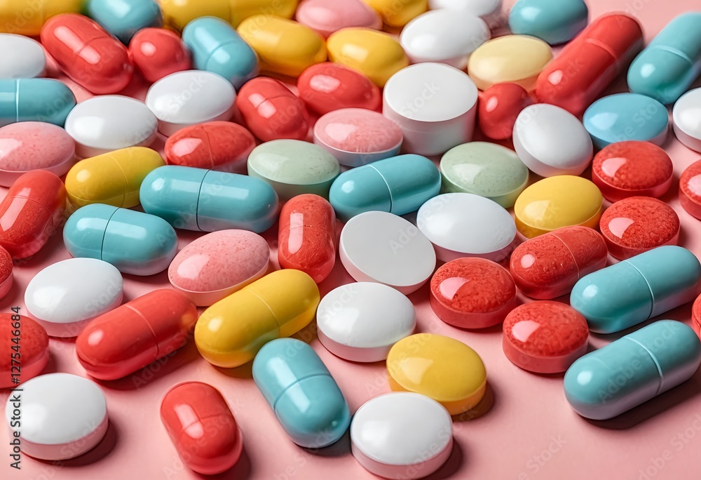 Colorful Pills and Tablets on Pink Background Colorful Pills and Tablets on Pink Background