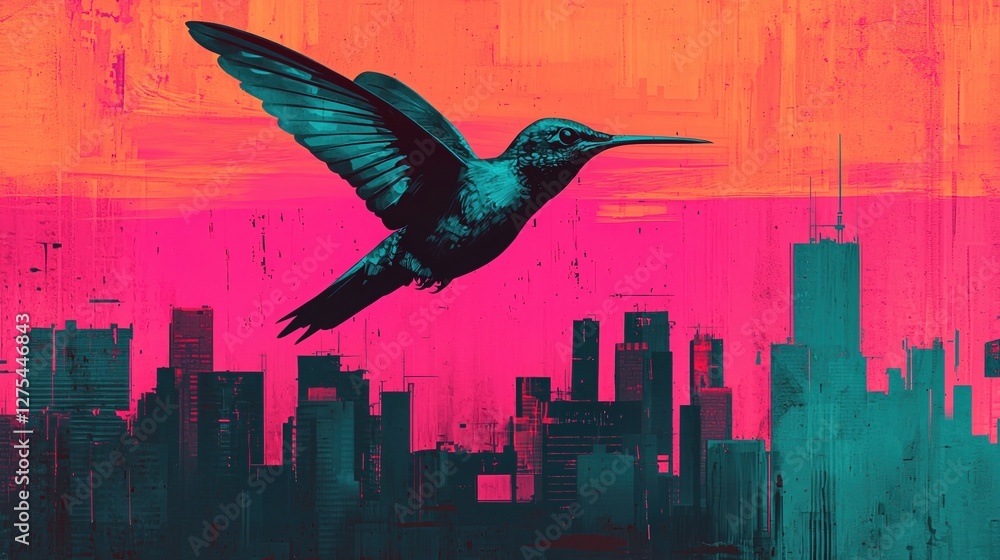 Obraz premium Street Art Concepts. Colorful hummingbird flying over a vibrant city skyline at sunset.
