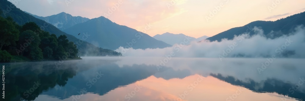 Fototapeta premium Misty morning over the lake with mountain backdrop, morning, mountain