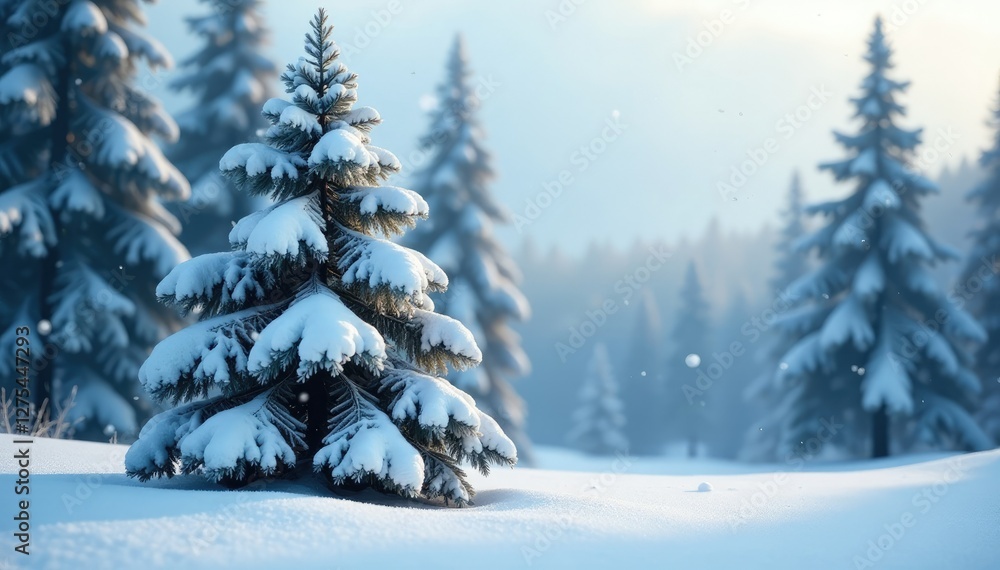 Fototapeta premium A stunning snow-covered tree with a few snowflakes gently falling around it, frozen world, pine trees, calm