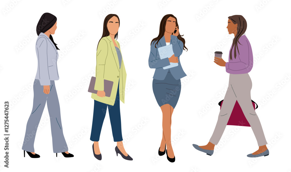 Fototapeta premium Set of Modern business women. Vector illustration of diverse standing, walking cartoon girls in smart casual, formal office outfits with laptop, phone, coffee cup, front, side view Isolated.