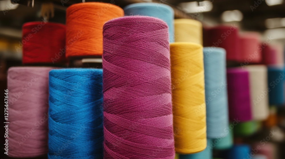 Vibrant Colorful Spools of Thread in a Textile Workshop Vibrant Colorful Spools of Thread in a Textile Workshop