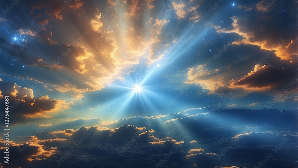 A vibrant sky filled with swirling clouds, illuminated by a radiant burst of light at the center A vibrant sky filled with swirling clouds, illuminated by a radiant burst of light at the center