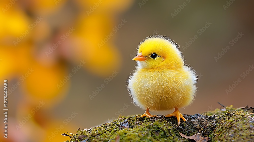 Adorable yellow chick standing on mossy branch with golden-blurred autumn background Adorable yellow chick standing on mossy branch with golden-blurred autumn background