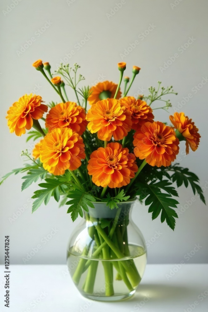 Orange marigold flowers in a vase with greenery, colorful, greenery Orange marigold flowers in a vase with greenery, colorful, greenery
