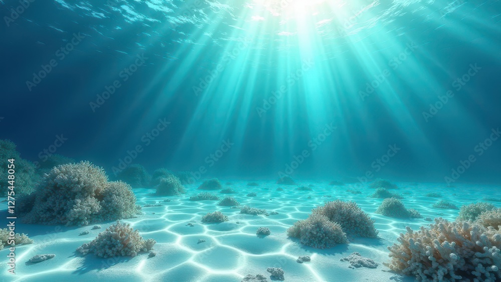 Fototapeta premium Underwater coral reef with sunlight rays illuminating sandy seabed and corals