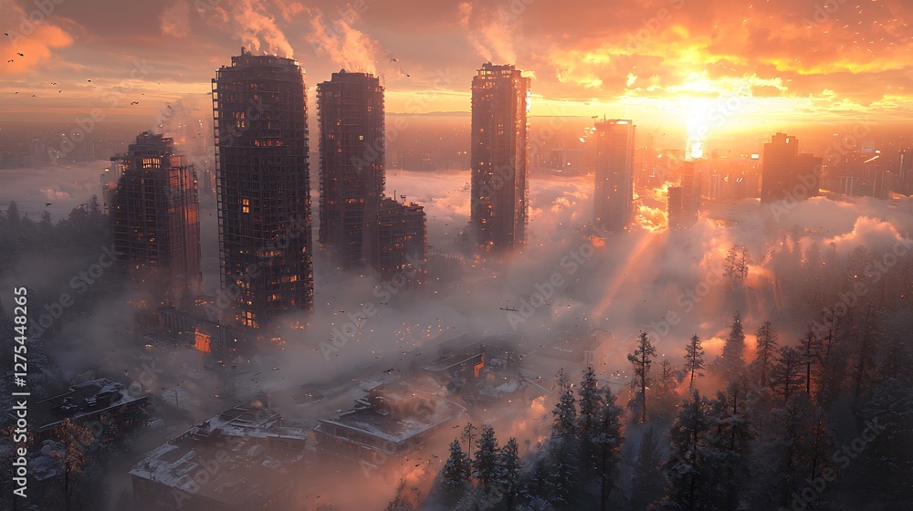 Obraz premium Aerial view of a city skyline at sunrise through a fog. Possible use Postcard for travel destination